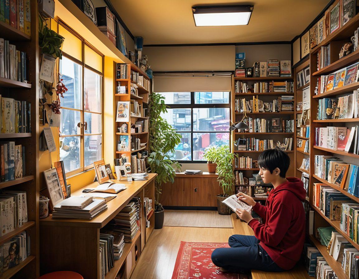 A whimsical, vibrant scene featuring a diverse group of adults joyfully immersed in reading manga and watching anime in a cozy, colorful room filled with posters, figurines, and bookshelves. Incorporate elements of a bustling Japanese city visible through a window, creating an inviting ambiance. Show expressions of excitement and engagement to highlight their passion for otaku culture. Use bright colors and playful details to capture the essence of enthusiasm. super-realistic. vibrant colors. cozy atmosphere.